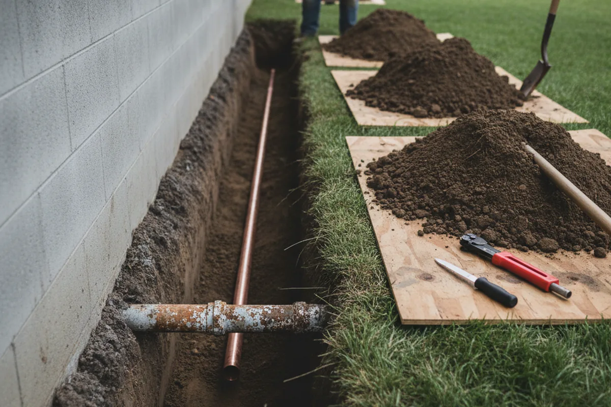 Excavated water line trench during Water Softener Installation in Saint Johns